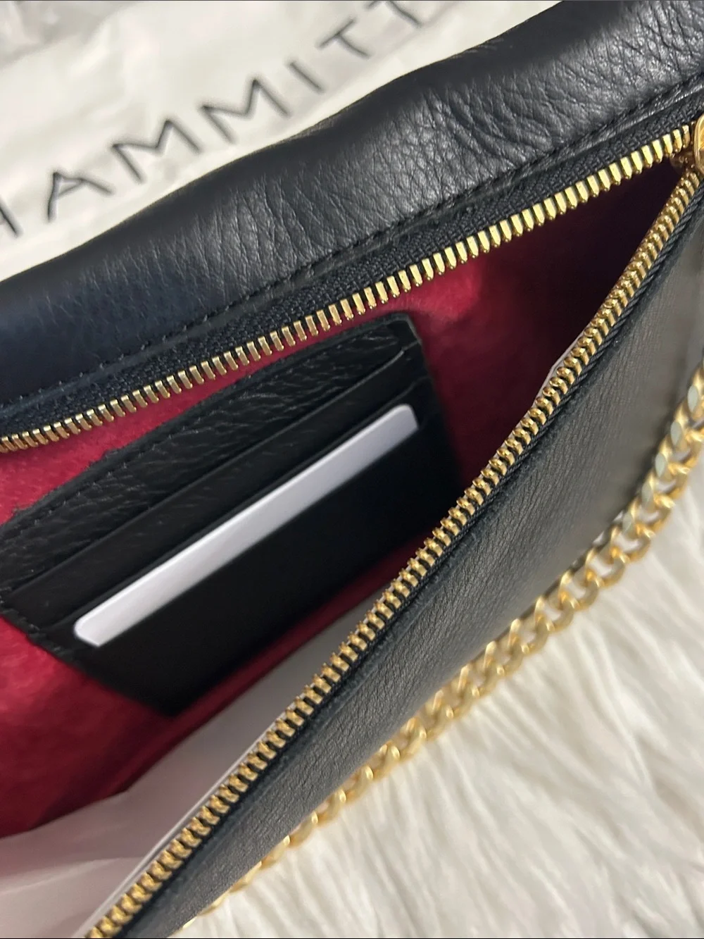 Hammitt Black Leather Foldover Clutch with Gold Chain